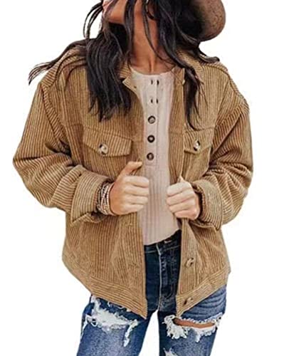 ORANDESIGNE Cordjacke Damen Vintage Jacke Frühling Elegant Übergangsjacke Cordhemd Sommerjacke Leicht Cordbluse Outwear Winter Coat Button Down Freizeitjacke mit Taschen Khaki L von ORANDESIGNE