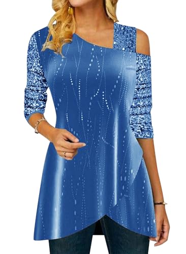 ORANDESIGNE Damen Glitzer Shirt Langarm Bluse One Shoulder Oberteile Schön Glänzend Longshirt Casual Elegante Festlich Mode Glitzertop Rundhals Longline Pailletten Bluse Tunika H Blau M von ORANDESIGNE