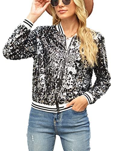 ORANDESIGNE Damen Pailletten Glitzer Mehrfarbige Metallic Sommer Festival Party Bomberjacke Pailletten Crewneck Bomberjacke Glitzer Jacke Langarm Reißverschluss Crop Jacke D Schwarz M von ORANDESIGNE