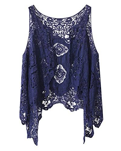 ORANDESIGNE Damen Weste Cardigan Sommer Hippie Gilet Häkeln Hohl Spitze Irregular Boho Ärmellos Cardigan Kurz Weste Outerwear Irregular Weste Strickjacke Beachwear A Blau Einheitsgröße von ORANDESIGNE