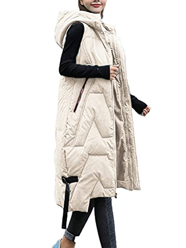 ORANDESIGNE Daunenweste Damen Lang Wintermantel Vest mit Kapuze Weste Mantel Ärmellose Warmer Daunenmantel mit Taschen Steppweste Damen Daunenjacke Steppjacke Outdoor A Weiß S von ORANDESIGNE