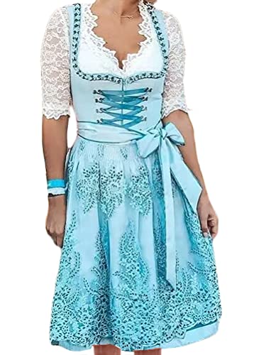 ORANDESIGNE Dirndl Damen midi Trachtenkleid Trachtenmode Trachtenrock Kleid inkl. Dirndlbluse Dirndlschürze 3 teilig für Oktoberfest Besondere Anlässe Grau B Blau S von ORANDESIGNE