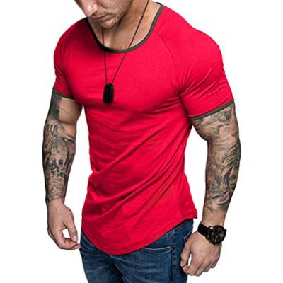 ORANDESIGNE Herren Sommer T-Shirt Basic Kurzarm Rundhals Slim Fit Moderner Männer Hemd Lässiges Einfarbig Muskel T-Shirt Freizeit Fitness Training Top B Rot XS von ORANDESIGNE