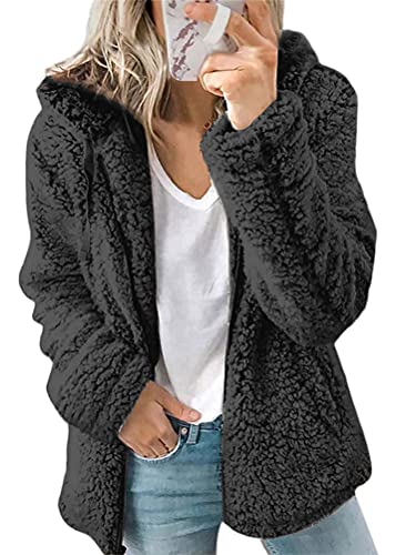 ORANDESIGNE Plüschmantel Damen mit Kapuze Einfarbig Teddy Jacke Pelzmantel Winter Warm Cardigan Kunstfelljacken mit Taschen Outwear Winterjacke Kapuzenjacke Wickeljacke B Schwarz 3XL von ORANDESIGNE