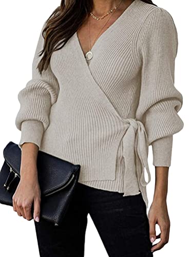 ORANDESIGNE Sweater Pulli Langarm Casual Sexy V-Ausschnitt Pullover Sweatshirt Oversize Loose Lange Ärmel Stricken Oberteil Tops Rückenfrei Fledermaus Batwing Bluse B-Beige S von ORANDESIGNE