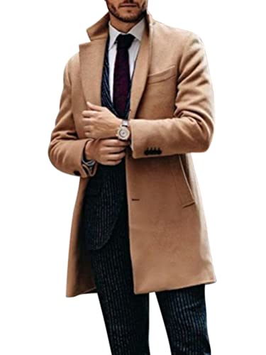 ORANDESIGNE Wollmantel Herren Lang Winter Wintermantel Mantel Slim Fit Elegant Business Trenchcoat Jacke Reverskragen Business Parka Übergangsjacke Mantel mit Taschen Wolljacke Blazer E Khaki M von ORANDESIGNE