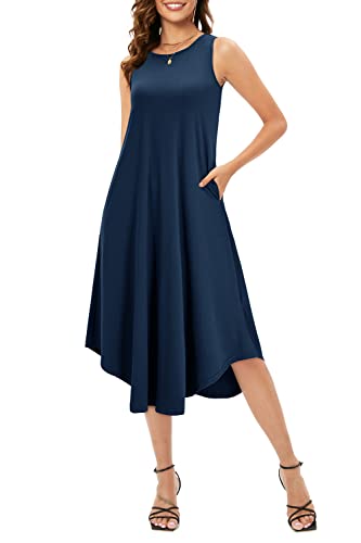 OUGES Sommerkleid Damen Boho Lang Kleid Midi Kleider Casual Maxikleid Strandkleid mit Taschen(Marine,M) von OUGES