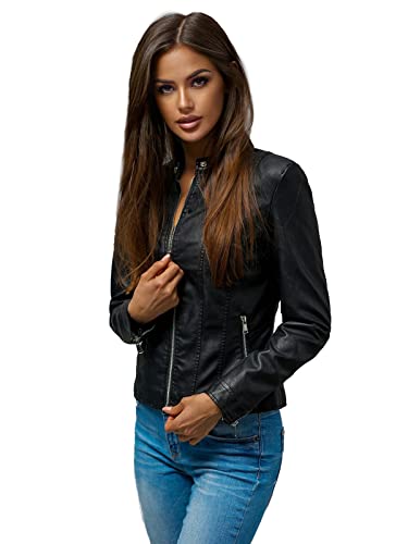 OZONEE Damen Lederjacke Kunstlederjacke Kunstleder Farbvarianten Jacke Bikerjacke Übergangsjacke Damenjacke Leder Echtlederjacke Echtleder Wildleder Biker JS/11Z8052Z SCHWARZ L von OZONEE