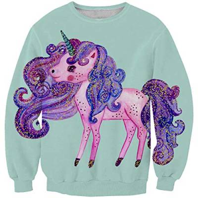 Ocean Plus Mädchen Langarm Digitales Drucken Einhorn Sweatshirt Geburtstag Teenager Kinder Sport Langarmshirt Pullover (XXL (Körpergröße: 145-155cm), Glitzerndes lockiges Haar Einhorn) von Ocean Plus