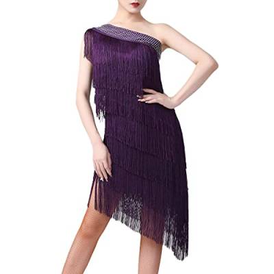 20er Jahre Kleid Frauen Damen Vintage Retro Flapper Great Gatsby Glitzer Fransenkleid 1920er Hochzeit Charleston Kostüm One Shoulder Sexy Minikleid Kurz Salsa Latein Tanzkleid Lila Einheitsgröße von Odizli