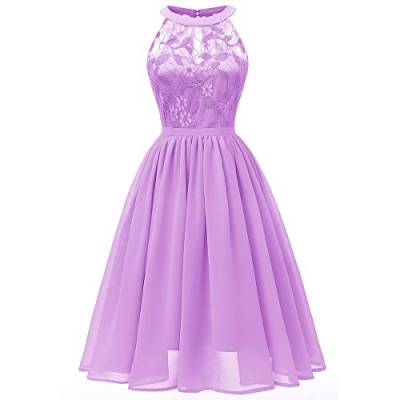 Abendkleider Elegant für Hochzeit Damen 50er Jahre Rockabilly Neckholder Swing Spitzen Chiffon Kleid Festlich Abschlusskleid Brautkleid Cocktailkleid Weihnachten Silvester Kurz Partykleid Violett L von Odizli