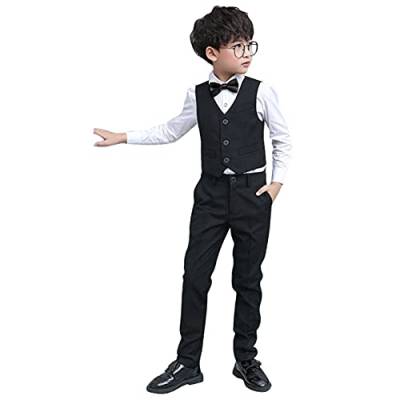 Anzug Kinder Jungen Einschulung Kleidung Set Gentleman Smoking Weste Sakkos + Hemd + Hose + Fliege 4tlg Outfit Hochzeit Festliche Anzüge Geburtstagsparty Taufkleidung Schwarz 6-7 Jahre von Odizli