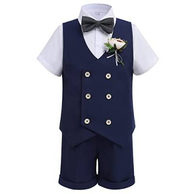 Anzug Kinder Jungen Festlich Hochzeit Kleidung Set Hemd + Weste Sakkos + Fliege + Shorts Hose + Brosche 5tlg Outfit Geburtstag Taufanzug Taufbekleidung Kinderanzüge Marineblau Kurz 7-8 Jahre von Odizli