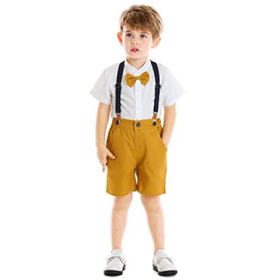 Baby Anzug Junge Hochzeit Kinder Festlich Kleidung Kurzarm Hemd+Fliege+Hosenträger+Shorts 4tlg Sommer Bekleidungssets Taufkleidung Taufanzug 1 geburtstag Outfit Fotoshooting Gelb Kurz 6-7 Jahre von Odizli