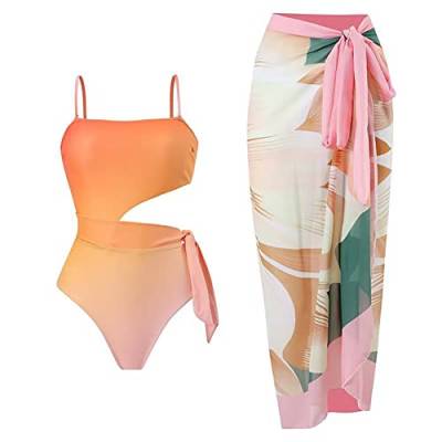 Badeanzug Damen Bauchweg Sexy V Ausschnitt Blume Druck Monokini Tankini Swimsuit Bademode + Wickelrock Pareo Sarong Tuch Zweiteiler Badekleid Schwimmanzug Sommer Strandkleid Strandmode Orange-9 L von Odizli