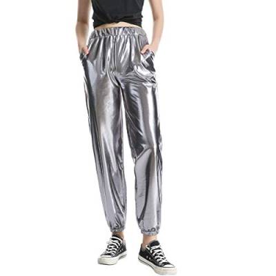 Damen Metallic Hose Glänzend Wetlook Cargohose Sporthose 80er Jahre Kleidung 90er Jahre Outfit Hologramm Hip Hop Leggings Jogginghose Sweathose Tanzhosen Party Disco Nachtclub Clubwear Gary 2XL von Odizli