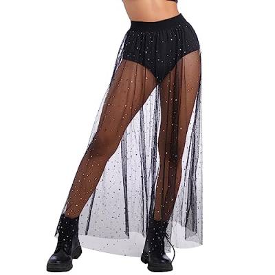 Festival Outfit Damen Rave Techno Sexy 2 in 1 Transparent Mesh Rock Shorts High Waist Maxirock Y2K Glitzer Sterne Pailletten Gothic Tüllrock Teenager Mädchen Party Streetwear Clubwear Schwarz M von Odizli