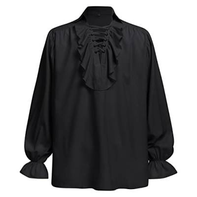 Mittelalter Kleidung Herren Langarm Hemd Wikinger Tshirt Gothic Steampunk Tunika Renaissance Viktorianische Rüschenhemd Pirat Kostüm Piratenkostüm Halloween Karneval Faschingskostüme Schwarz 3XL von Odizli