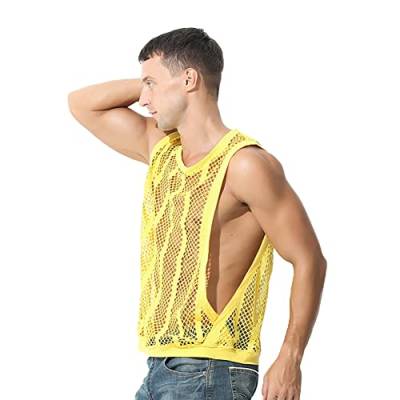 Netzhemd Herren Netzoberteil Netzshirt Männer Unterhemden Muskelshirts Achselshirts Herrenunterhemdem Tank Top Tanktop Vest Transparent Fishnet Breathable Sweatshirt Sexy Clubwear Rave Outfit Gelb M von Odizli