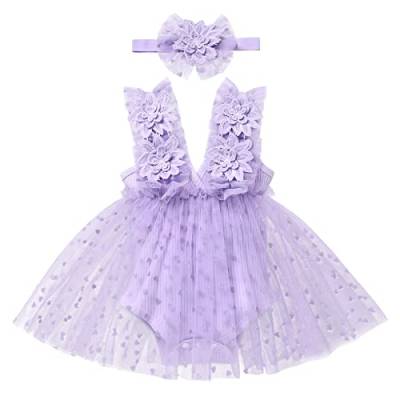 Odizli 1 Geburtstag Mädchen Outfit Ärmellos Gestrickt Strampler Kleid Tüllkleid+Stirnband Kleidung Babykleidung Neugeborene Erstausstattung Babysachen Set Baby Fotoshooting Lila Blume 12-18 Monate von Odizli