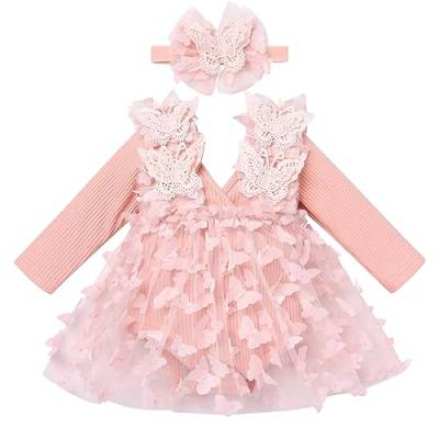 Odizli 1 Geburtstag Mädchen Outfit Gestrickt Strampler Kleid Tüllkleid+Stirnband Kleidung Babykleidung Neugeborene Erstausstattung Babysachen Baby Fotoshooting Rosa Schmetterling Langarm 12-18 Monate von Odizli