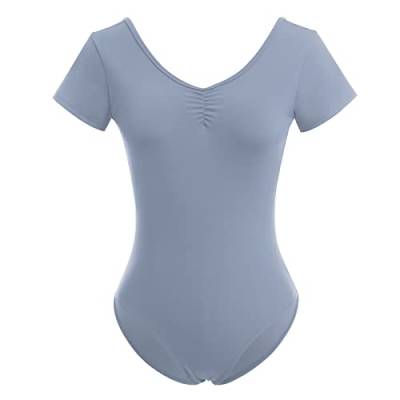 Odizli Ballettkleidung Damen Kurzarm V-Ausschnitt Spitze Rückenfrei Body Bodysuit Ballett Trikot Tanzbody Tanztrikot Turnanzug Ballerina Gymnastikanzug mit BH-Pad Hellgrau M von Odizli