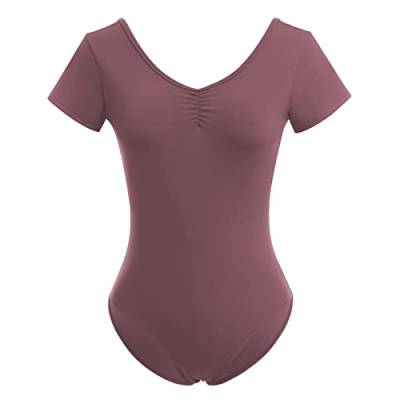 Odizli Ballettkleidung Damen Kurzarm V-Ausschnitt Spitze Rückenfrei Body Bodysuit Ballett Trikot Tanzbody Tanztrikot Turnanzug Ballerina Gymnastikanzug mit BH-Pad Kaffee L von Odizli