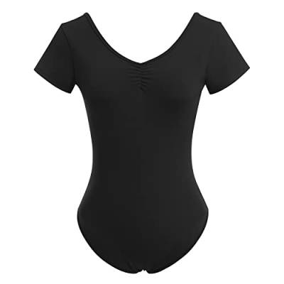 Odizli Ballettkleidung Damen Kurzarm V-Ausschnitt Spitze Rückenfrei Body Bodysuit Ballett Trikot Tanzbody Tanztrikot Turnanzug Ballerina Gymnastikanzug mit BH-Pad Schwarz L von Odizli