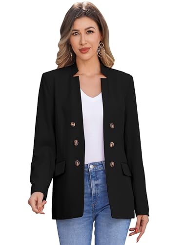 Odizli Blazer Damen Elegant Sportlich Jackett Stehkragen Knopf Lang Blaser Jacke Sweatblazer Sommer Leicht Jersey Oversize Longblazer mit Tasche Langarm Casual Cardigan Business Anzug Schwarz XL von Odizli