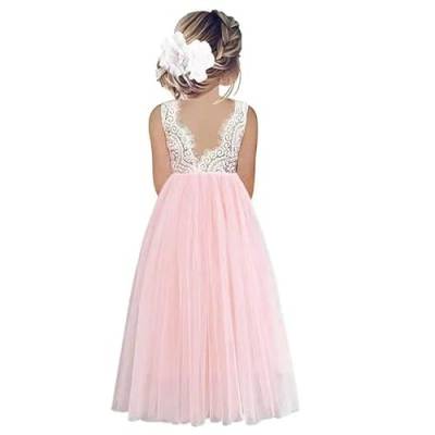 Odizli Blumenmädchenkleider Prinzessin Kleid Mädchen Kinder Ärmellos Spitze Rückenfreies A-Linie Tüllkleid Festlich Hochzeit Erstkommunion Geburtstag Abendkleid Lang Ballkleid Rosa #A 9-10 Jahre von Odizli