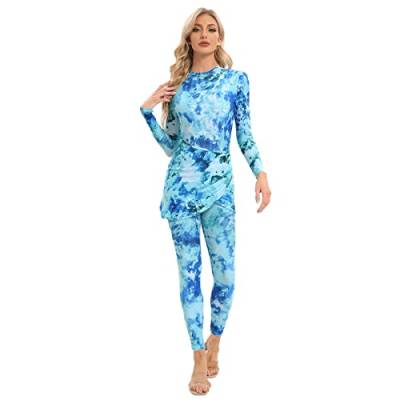 Odizli Burkini Damen Muslim Frauen Muslimische Badeanzug Islamische Langarm Body+Badehose+Wickelrock Pareo Sarong Strandrock Schwimmanzug Modest Bademode Lang Surfanzug Himmelblau Tie Dye 3PCS L von Odizli