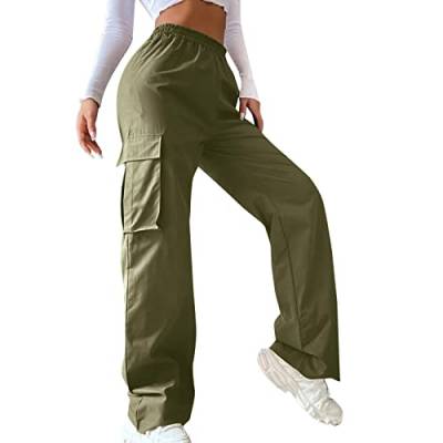 Odizli Cargohose Damen Baggy High Waist Y2K Fallschirm Hose Vintage Parachute Pants Hip Hop Freizeithose Klamotten Teenager Mädchen 90er E-Girl Streetwear Frauen Cargo Hosen mit Taschen Olivgrün S von Odizli