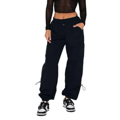 Odizli Cargohose Damen Baggy Y2K High Waist Kordelzug Cargo Track Fallschirm Hose Vintage Parachute Pants Trackpants Hip Hop Freizeithose Teenager Mädchen Jogginghose Streetwear mit Taschen Schwarz M von Odizli