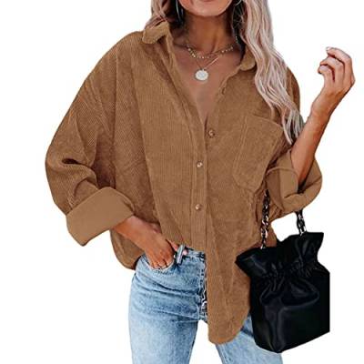 Odizli Cordjacke Damen Langarm Oversized Cordhemd Shacket Lang Cordbluse Cord Hemd Bluse Jacke Mantel Hemdjacke Herbst Winter Button Down Hemdbluse Freizeitjacke mit Taschen Khaki S von Odizli