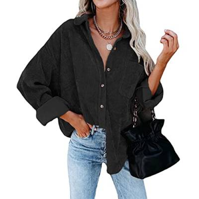 Odizli Cordjacke Damen Langarm Oversized Cordhemd Shacket Lang Cordbluse Cord Hemd Bluse Jacke Mantel Hemdjacke Herbst Winter Button Down Hemdbluse Freizeitjacke mit Taschen Schwarz M von Odizli