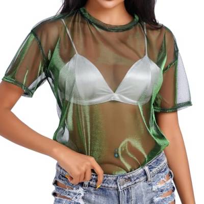 Odizli Festival Outfit Damen Rave Techno Curvy Sexy Durchsichtiges Transparent Mesh Netzoberteil Netzshirt Netz Oberteil Frauen Top 80er Neon Party Streetwear Hip Hop Kleidung Clubwear Grün S von Odizli