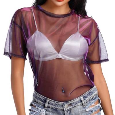 Odizli Festival Outfit Damen Rave Techno Curvy Sexy Durchsichtiges Transparent Mesh Netzoberteil Netzshirt Netz Oberteil Frauen Top 80er Neon Party Streetwear Hip Hop Kleidung Clubwear Lila S von Odizli