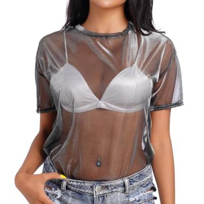 Odizli Festival Outfit Damen Rave Techno Curvy Sexy Durchsichtiges Transparent Mesh Netzoberteil Netzshirt Netz Oberteil Frauen Top 80er Neon Party Streetwear Hip Hop Kleidung Clubwear Schwarz XL von Odizli