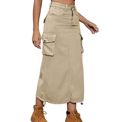 Odizli Jeansrock Damen Lang Y2K Cargo Rock Vintage Denim Kordelzug Rüschen High Waist Bleistift Midi Maxi Röcke Klamotten Teenager Mädchen Frauen Sommer Casual Streetwear mit Taschen Khaki #1 S von Odizli