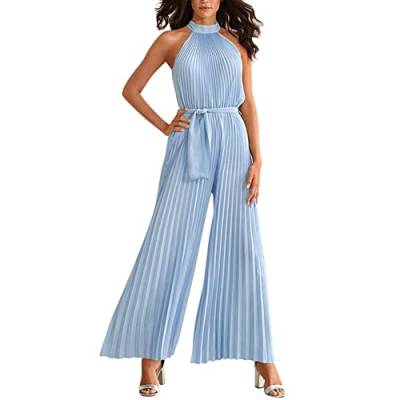 Odizli Jumpsuit Damen Elegant Hochzeit Lang Sexy Ärmellos Neckholder Plissee Weite Hose Sommer Overall Frauen Festlich Hochzeitsgäste Party Business Hosenanzug Playsuit Große Größen Himmelblau L von Odizli