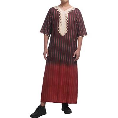 Odizli Kaftan Herren Abaya Muslimische Kleider Arabische Islamische Kleidung Gebetskleidung für Männer Tunika Nachthemd Dubai Robe 3/4 Ärmel V-Ausschnitt Streifen Print Lose Lang Thobe Burgund L von Odizli