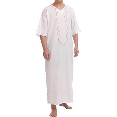 Odizli Kaftan Herren Abaya Muslimische Kleider Arabische Islamische Kleidung Gebetskleidung für Männer Tunika Nachthemd Dubai Robe 3/4 Ärmel V-Ausschnitt Streifen Print Lose Lang Thobe Weiß M von Odizli