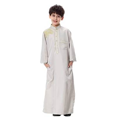 Odizli Kinder Jungen Kaftan Abaya Muslimische Kleider Arabische Islamische Kleidung Gebetskleidung Tunika Nachthemd Dubai Robe Langarm Stickerei Button Down Lose Lang Thobe Silbergrau 11-12 Jahre von Odizli