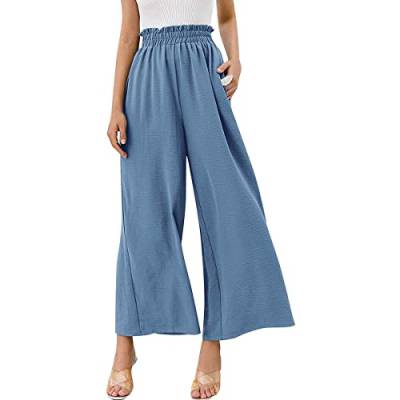 Odizli Leinenhose Damen Elegant High Waist Culottes Palazzo Hosenrock Lang Weite Wide Leg Hose Sommerhose Leicht Bequeme Sommer Stoffhose Marlenehose Schlupfhose Freizeithose Strandhose Blau M von Odizli