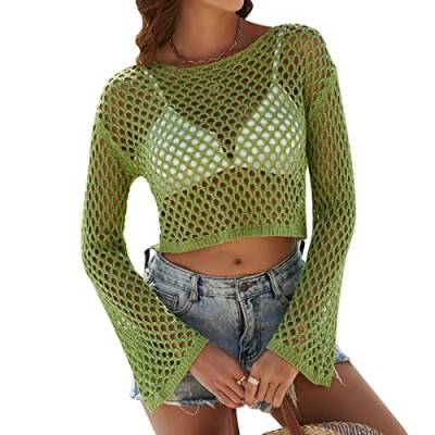 Odizli Netzoberteil Damen Netzshirt 2000er Y2K Kleidung Vintage Sexy Mesh Häkeltop Langarm Crochet Top Crop Tops Pullover Teenager Mädchen Sommer Streetwear Festival Rave Techno Outfit Grasgrün L von Odizli