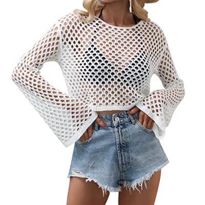 Odizli Netzoberteil Damen Netzshirt 2000er Y2K Kleidung Vintage Sexy Mesh Häkeltop Langarm Crochet Top Crop Tops Pullover Teenager Mädchen Sommer Streetwear Festival Rave Techno Outfit Weiß XL von Odizli