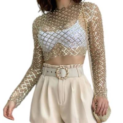 Odizli Netzoberteil Damen Sexy Langarm Durchsichtiges Transparent Netz Glitzer Pailletten Perlen Mesh Oberteil Netzshirt Festival Rave Techno Outfit Frauen Crop Top Party Hip Hop Clubwear Gold L von Odizli