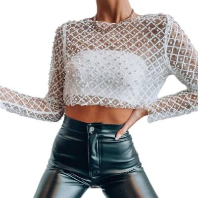 Odizli Netzoberteil Damen Sexy Langarm Durchsichtiges Transparent Netz Glitzer Pailletten Perlen Mesh Oberteil Netzshirt Festival Rave Techno Outfit Frauen Crop Top Party Hip Hop Clubwear Weiß M von Odizli