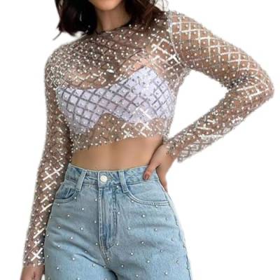 Odizli Netzoberteil Damen Sexy Langarm Durchsichtiges Transparent Netz Glitzer Pailletten Perlen Mesh Oberteil Netzshirt Festival Rave Techno Outfit Frauen Crop Top Party Hip Hop Streetwear Silber M von Odizli