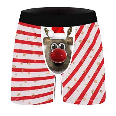 Odizli Personalisiert Boxershort Herren Weihnachten Unterwäsche Streifen/Elch/Schneemann/Schneeflocke Drucken Neuheit Hässlich Unterhose Badehose,Lustige Geschenke für Männer Freund Rot Elch XL von Odizli